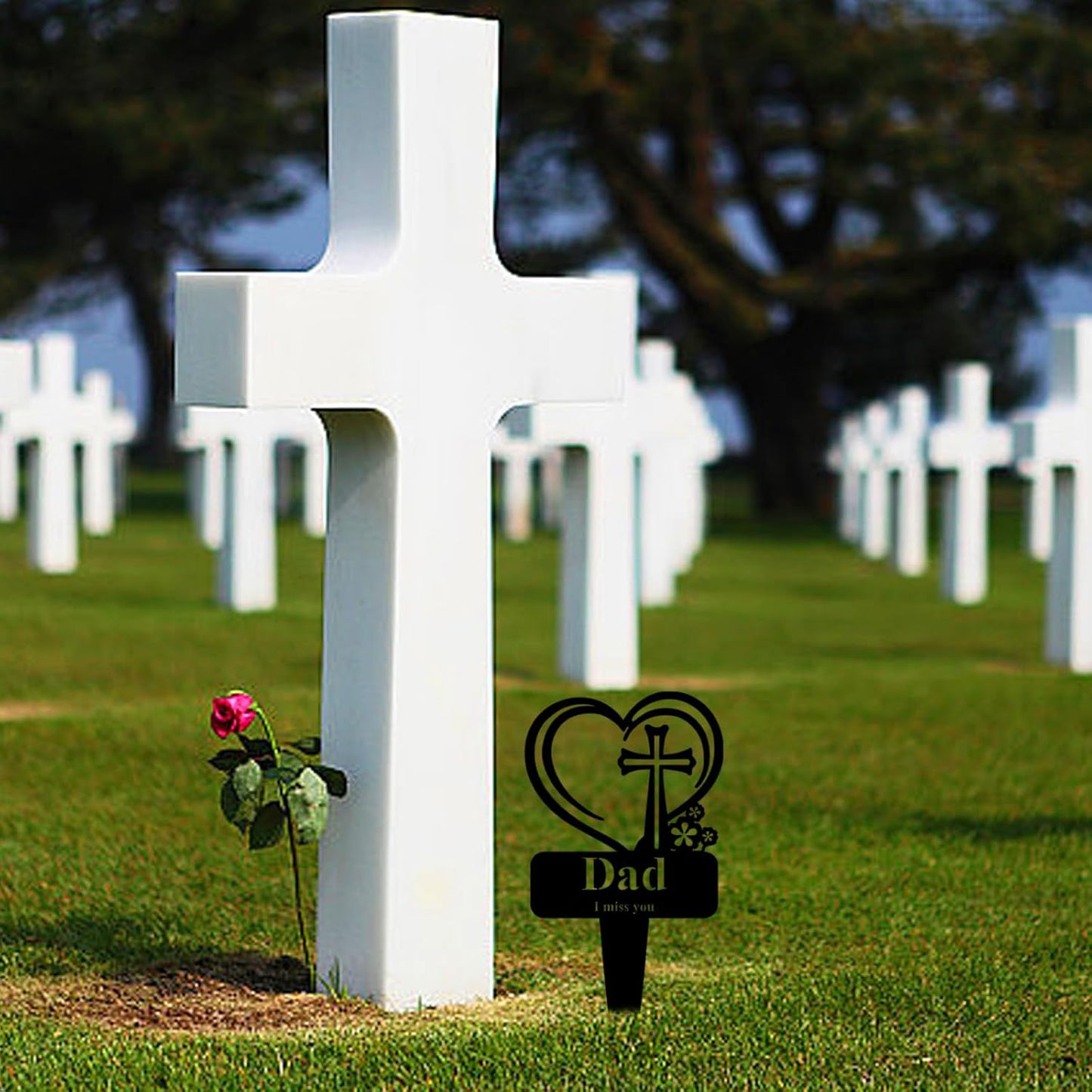 Dad Memorial Grave Stake, Cemetery Decorations for Grave Markers 12.5 x 7.2 inch Heart Metal Sympathy Stakes Graveside Plaque Decor Sign for Father Graves, Yard, Garden - Black-Dad