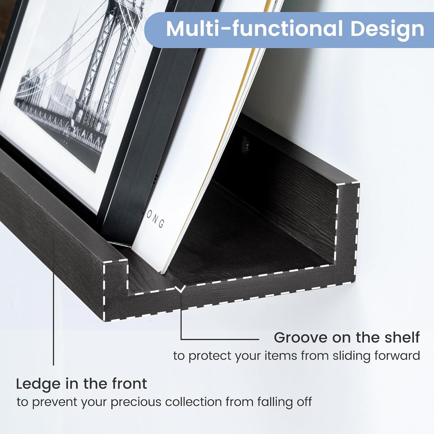 Picture Ledge Shelf for Wall, 24 inch Solid Pine Wood Nursery Book Shelves 2 Packs, Floating Ledge Shelves for Kids' Room Bedroom Bathroom Living Room Photo Frames Office Nursey Wall Decor, Black