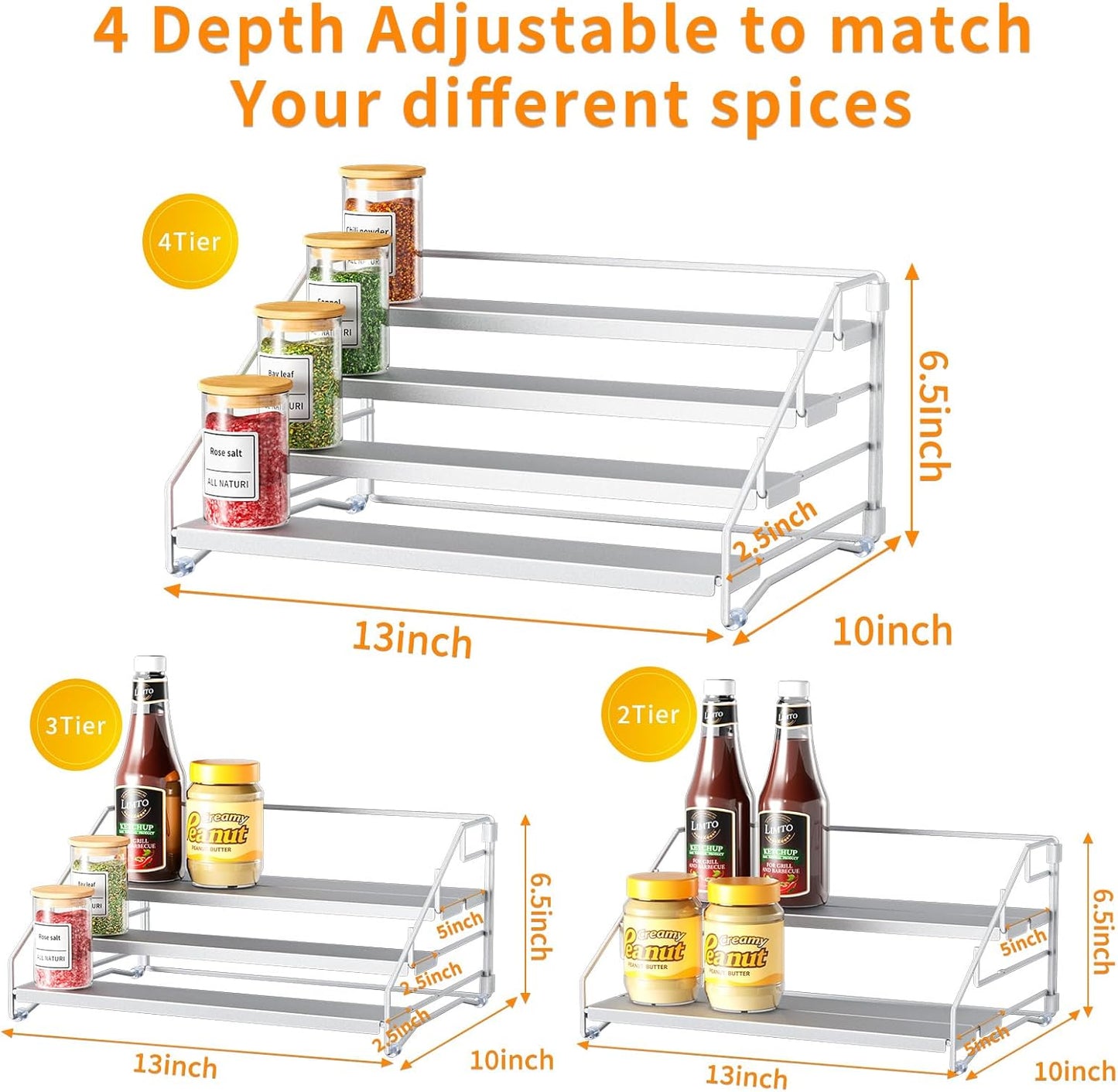 RCHYFEED 4 Tier Spice Rack Organizer, Spice Organization for Cabinet,Pantry, Countertop,Tiered Spice Rack Easy Visibility,Depth Expandable Seasoning Shelf for Kitchen Cabinet Organizer,Silver,2 PACK