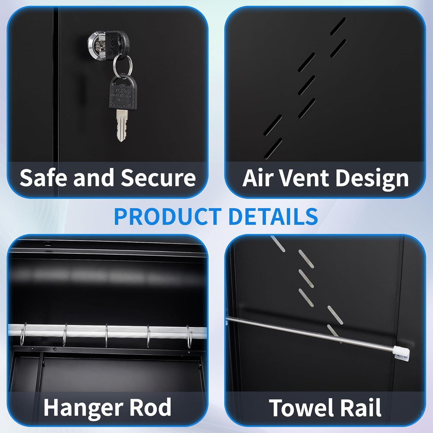 Metal Storage Cabinet with Lock Door, 75" Tall Garage Storage Cabinet with Hanging Rod, Broom Closet Bathroom Storage Cabinet, Cleaning Tool Cabinet