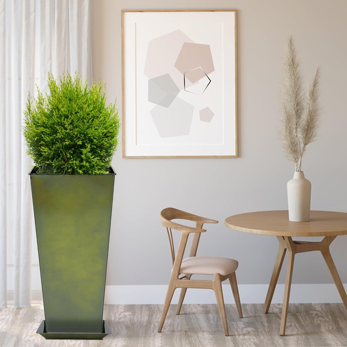 KOL Galvanized Steel Planter 25''H. with Saucer, Bright Glazed Planter with Drainage Hole, Set of 2, Tall Pots for Indoor & Outdoor Use, Decorative Flower Plant Pots for Porch, Patio, Deck - Green