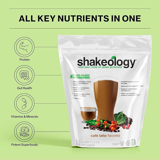 Shakeology Vegan Protein Powder - Gluten Free, Superfood Protein Shake - Helps Support Healthy Weight Loss, Lean Muscle Support, Gut Health, Manage Effects of Stress, Cafe Latte - 30 Servings