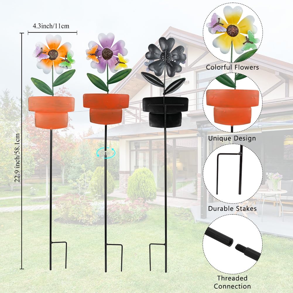 Metal Garden Stakes Decor,3 Pack Flowers Pot Decorative Garden Stakes, Waterproof Spring Outdoor Decor,Metal Flowers Garden Decor for Outside,Lawn,Yard,Pathway