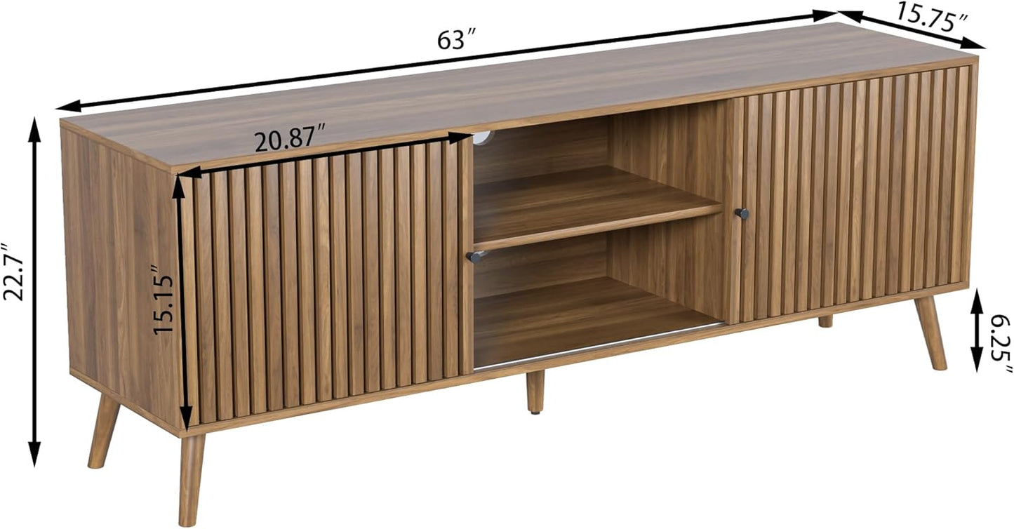 Mid Century Modern TV Stand for Televisions up to 70 Inches, with Sliding Doors and Storage, Television Stands, TV Consoles, Media Consoles for Living Room, 63 Inch (Walnut)