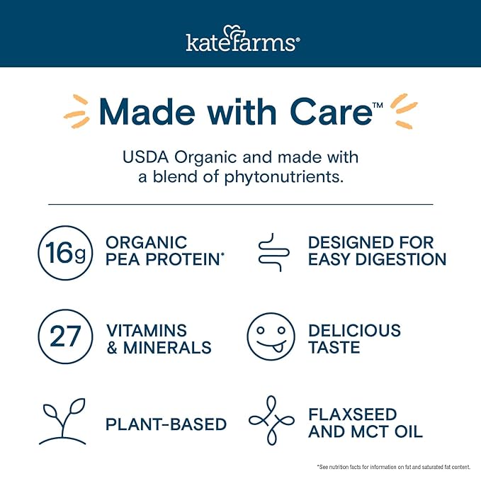 KATE FARMS Organic Nutrition Shake, Chocolate, 16g protein, 27 Vitamins 11 oz (6 Pack)