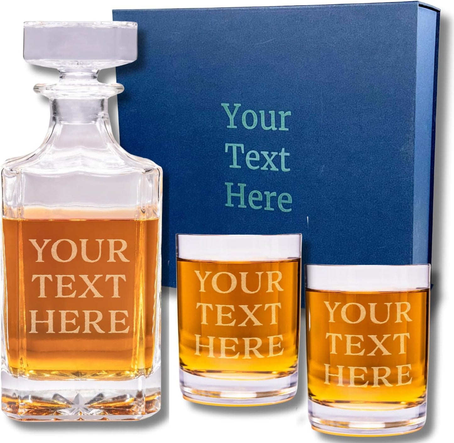 Gifts Inscribed Custom Text Whiskey Decanter & Glasses Set of 2 – Engraved Glass Cups Drinking Glasses Set of 2 – Personalized Whiskey Glasses Drinking Set – Customized Whisky Glassware Gift for Him