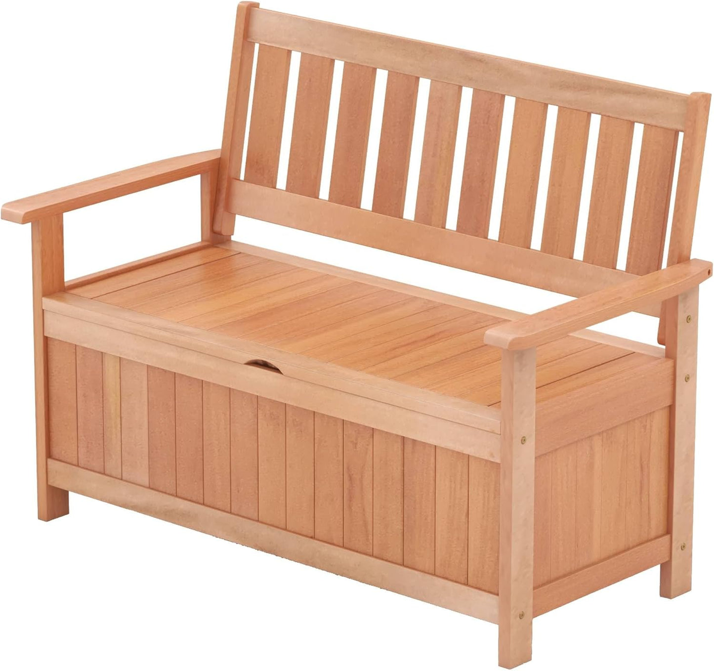 Tangkula 48 Inch Outdoor Wood Storage Bench Deck Box, Wooden Storage Loveseat with 34.2 Gal Inner Space, Entryway Bench Deck Box with Slatted Backrest, Storage Seat for Garden, Lawn, Balcony & Porch