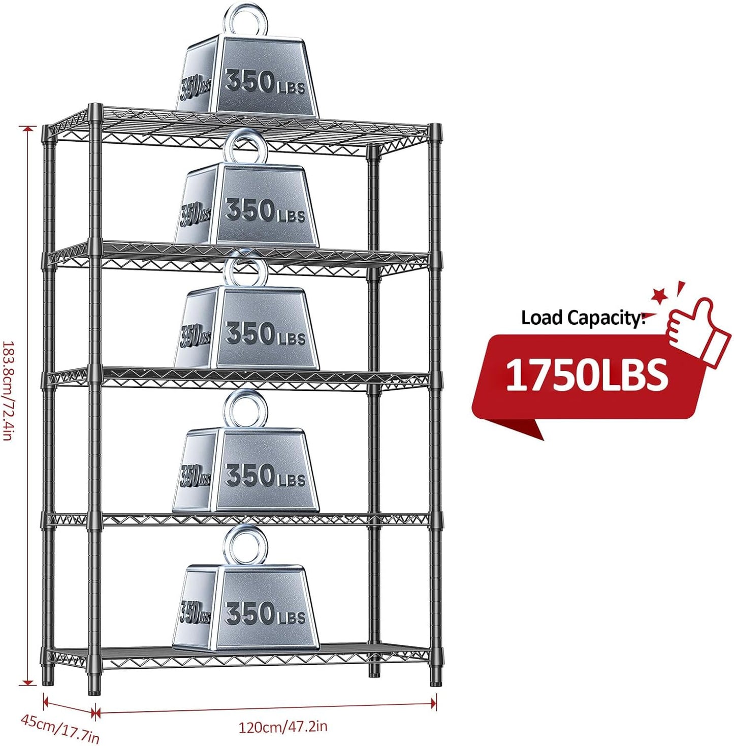 IZEUK 5-Tier Heavy Duty Metal Storage Shelving Unit (Black, 17.7" D x 47.2" W x 72.3" H, 1750 lbs Capacity), Adjustable Steel Wire Rack Shelf Organizer for Garage, Kitchen, Basement, Laundry, Office