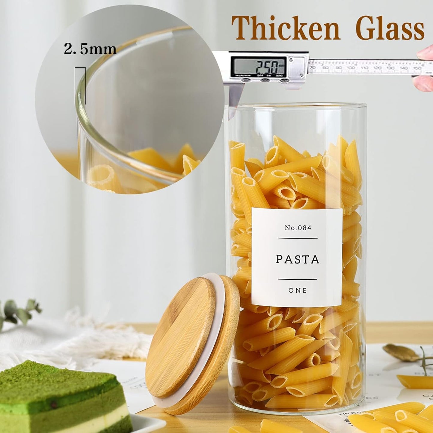 5 Pack Glass Jars with Bamboo Airtight Lids - Stackable Food Storage Containers with 132 Pantry Labels - with Wood Lid for Candy, Cookie, Rice, Sugar, Flour, Pasta, Nuts