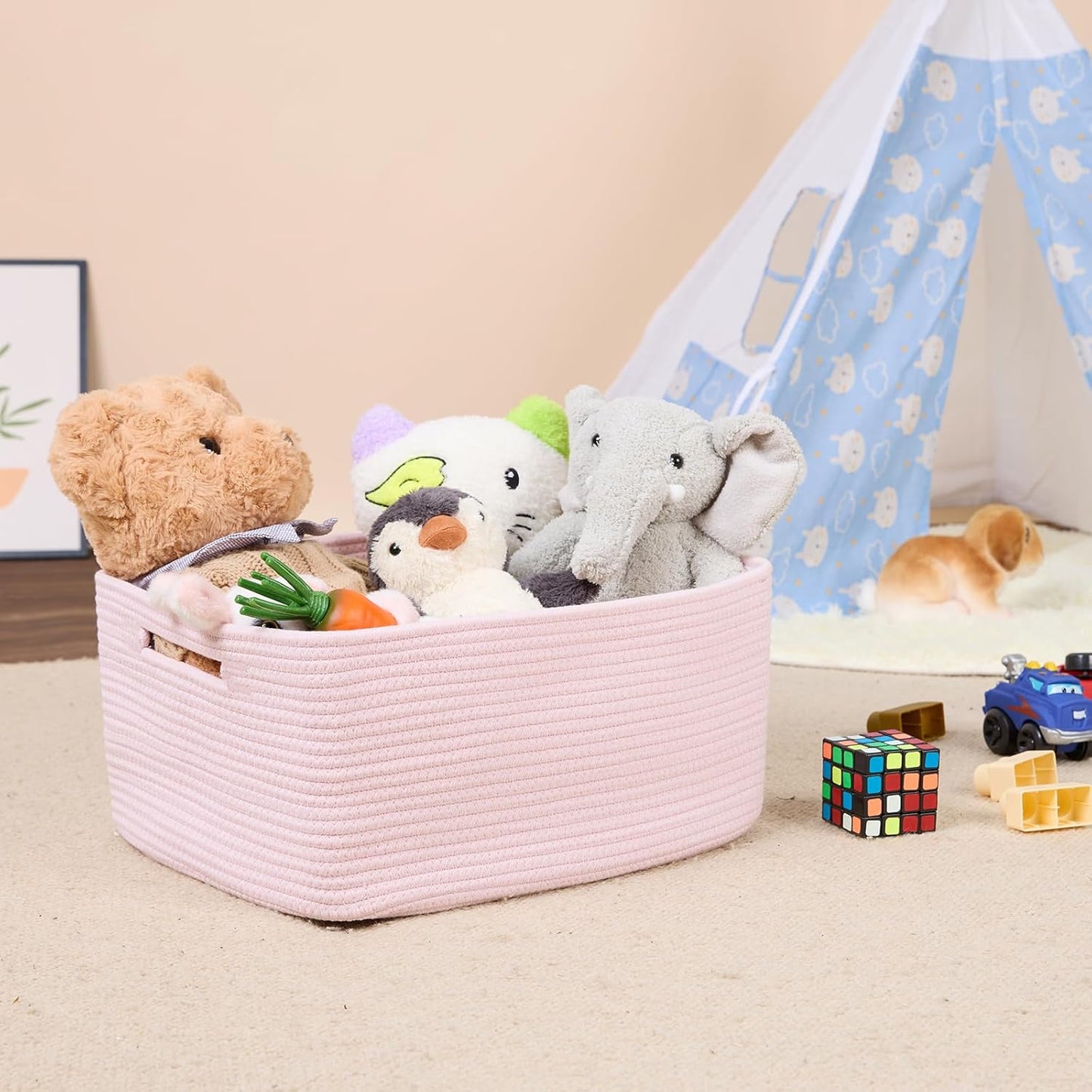 Large Storage Baskets for Shelves, Closet Organizers Bins for Clothes Blanket Towels, Baby Nursery, Toy Baskets Box, Woven Rope Baskets, 17 x 13 x 7.5”, 2 Packs Light Pink