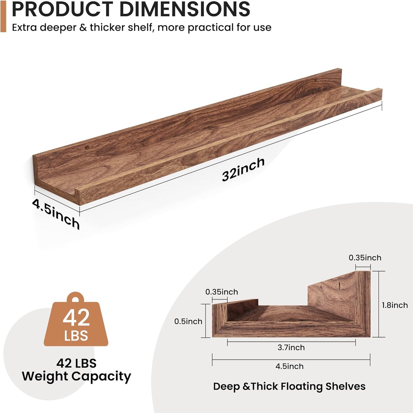 Fun Memories Picture Ledge Shelves Set of 2, 24 Inch Rustic Wall Mounted Floating Shelves with Lip for Home Storage and Décor in Bathroom, Kitchen, Nursery, Bedroom, Living Room, Walnut