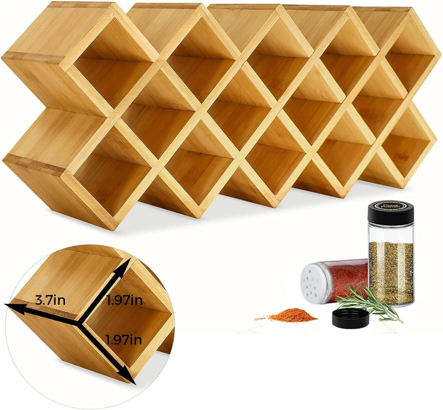 Bamboo Criss Cross Spice Rack Organizer for Cabinet, Wood Seasoning Rack Spice Holder, 18-Jar Spice Rack Tower Spice Storage for Kitchen Countertop Drawer-Jars Not Included