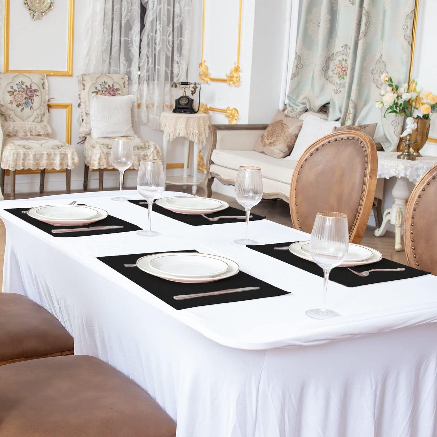 Cloth Placemats Set of 8, Linen Type Fabric Placemats Machine Washable Heat Resistant Placemats Wrinkle Free Thick Polyester Kitchen Place Mats for Dining Table (Black)