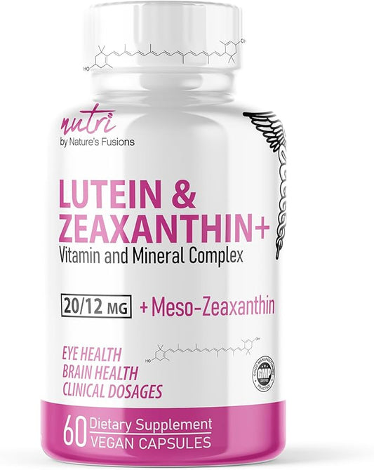 Nutri Lutein 20mg Eye Vitamins Complex A,C,D3,E, Folate 60 Capsules