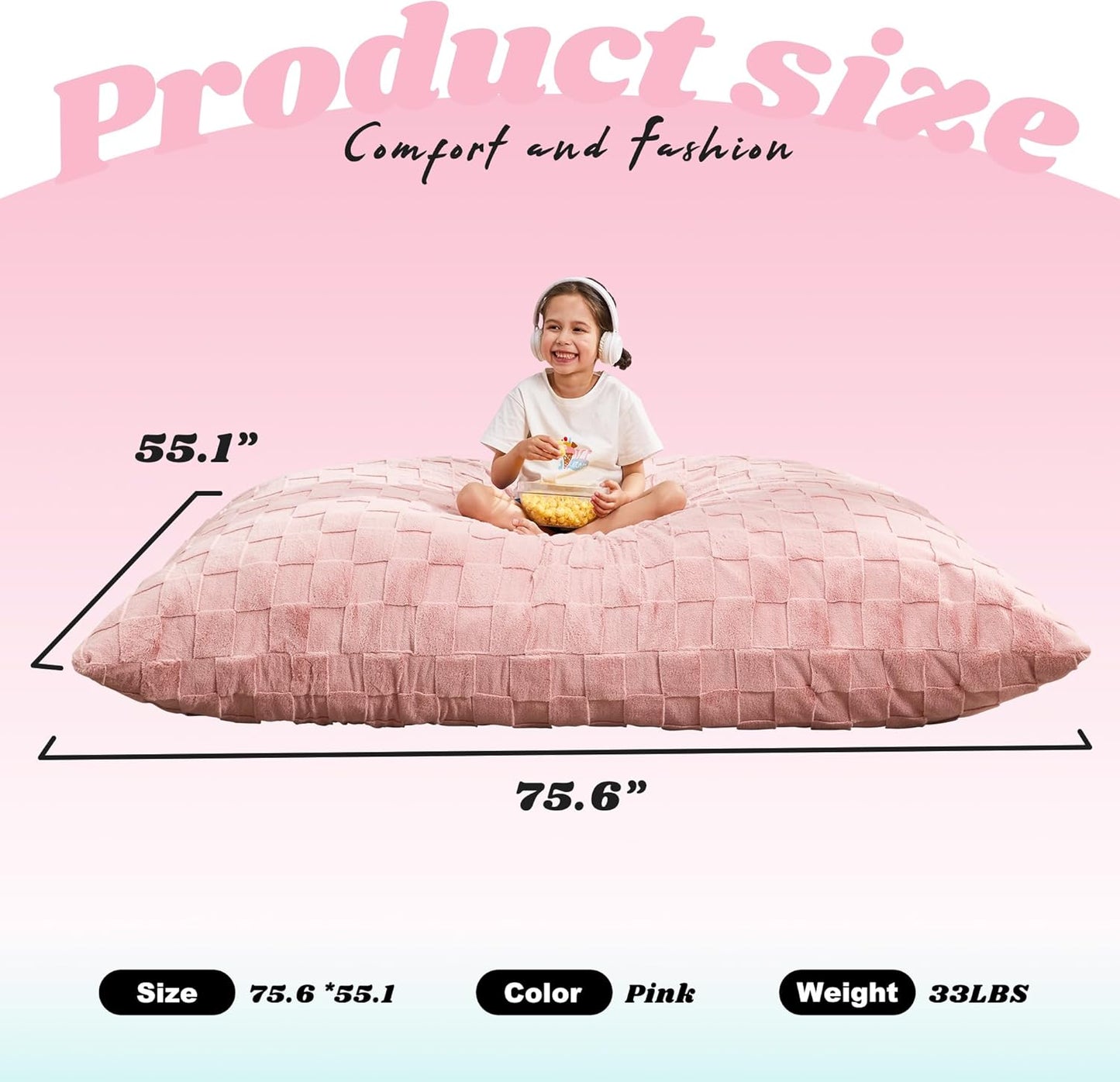 Hobestluk 3 in 1 Bean Bag Chair Giant Bean Bag Chairs for Adults with Plaid Cover Convertible Bean Bag Floor Cushion with Machine Washable Cover for Living Room (Plaid Pink)