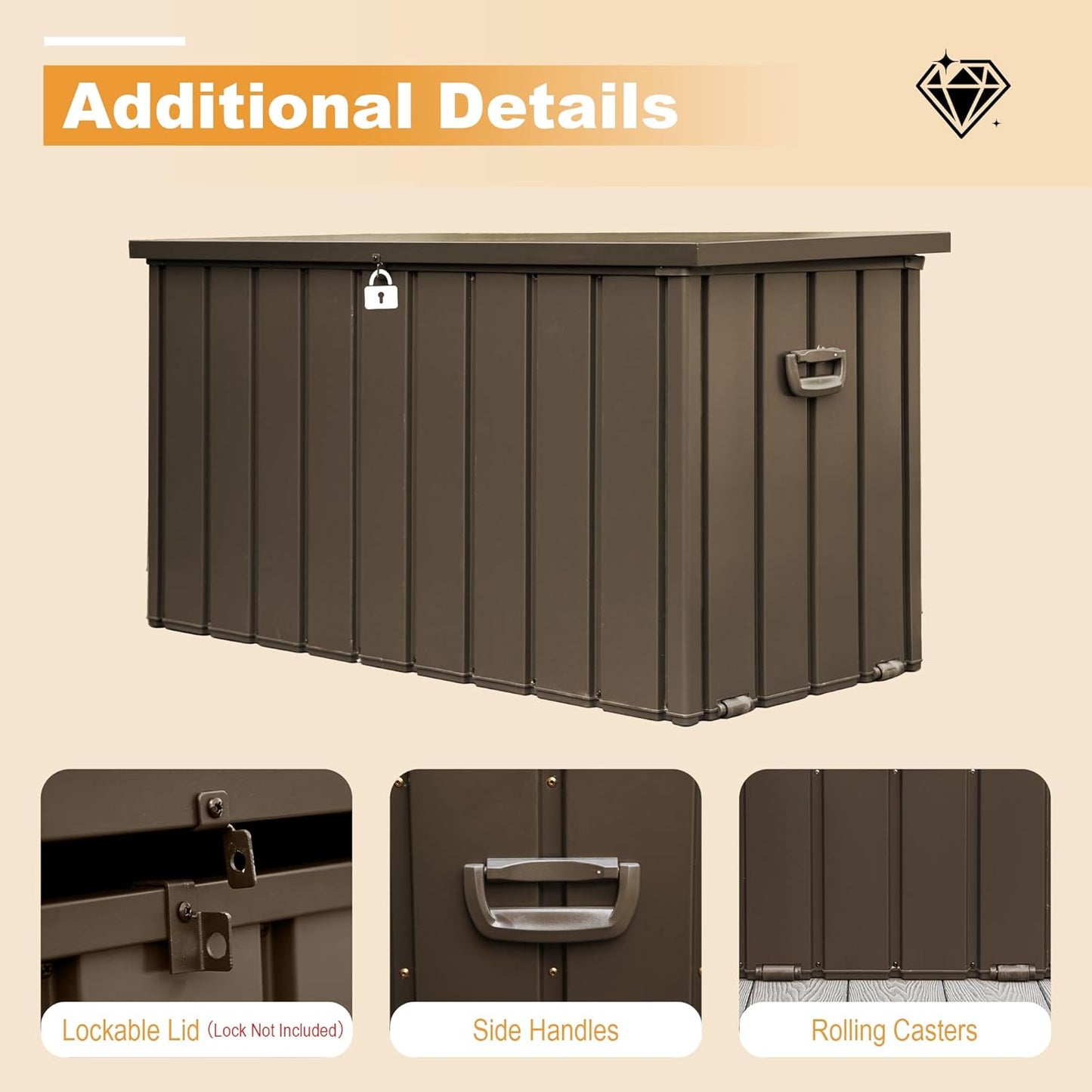 Domi 200 Gallon Deck Box, Outdoor Metal Lockable Storage Cabinet, Waterproof Steel Outdoor Bench with Lockable Lid, Side Handles & Rolling Casters for Outside Cushions, Pillows, Garden Tools, Brown