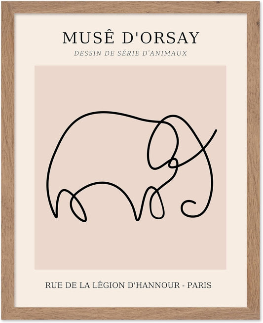 Poster Master Vintage Poster - Retro One Line Elephant Drawing Print - Elephant Art - Minimal Gift for Men, Women, Animal Lover - Abstract Wall Decor for Home, Office, 11x14 Beige Framed