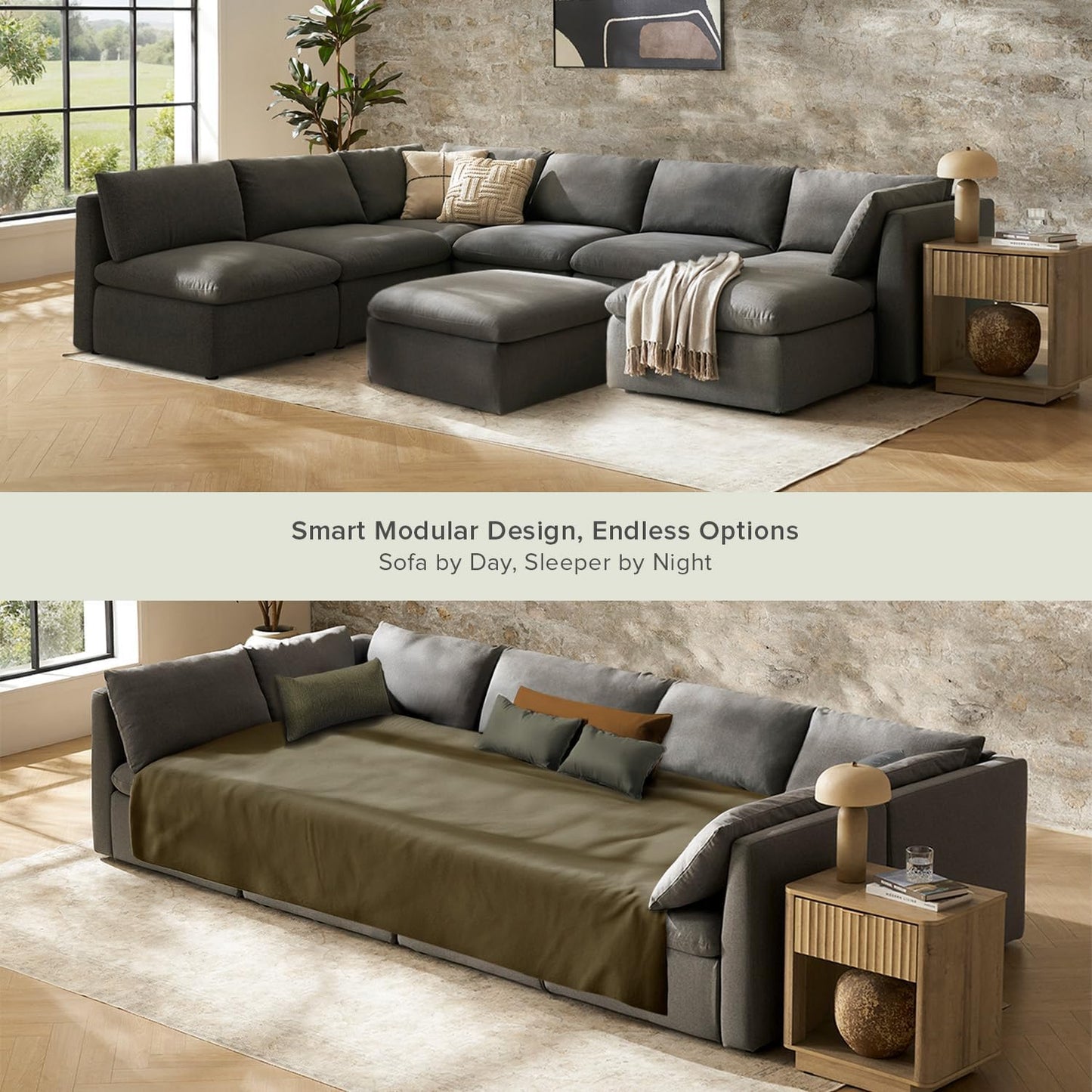 mopio Oversized Modular Sectional Sofa with Fully Removable Covers and Storage, Convertible U, L-Shaped and Sleeper Sectional, Modern Couches with Ottoman Chaise (Stone Gray Fabric, 8 Seats, Sleeper)