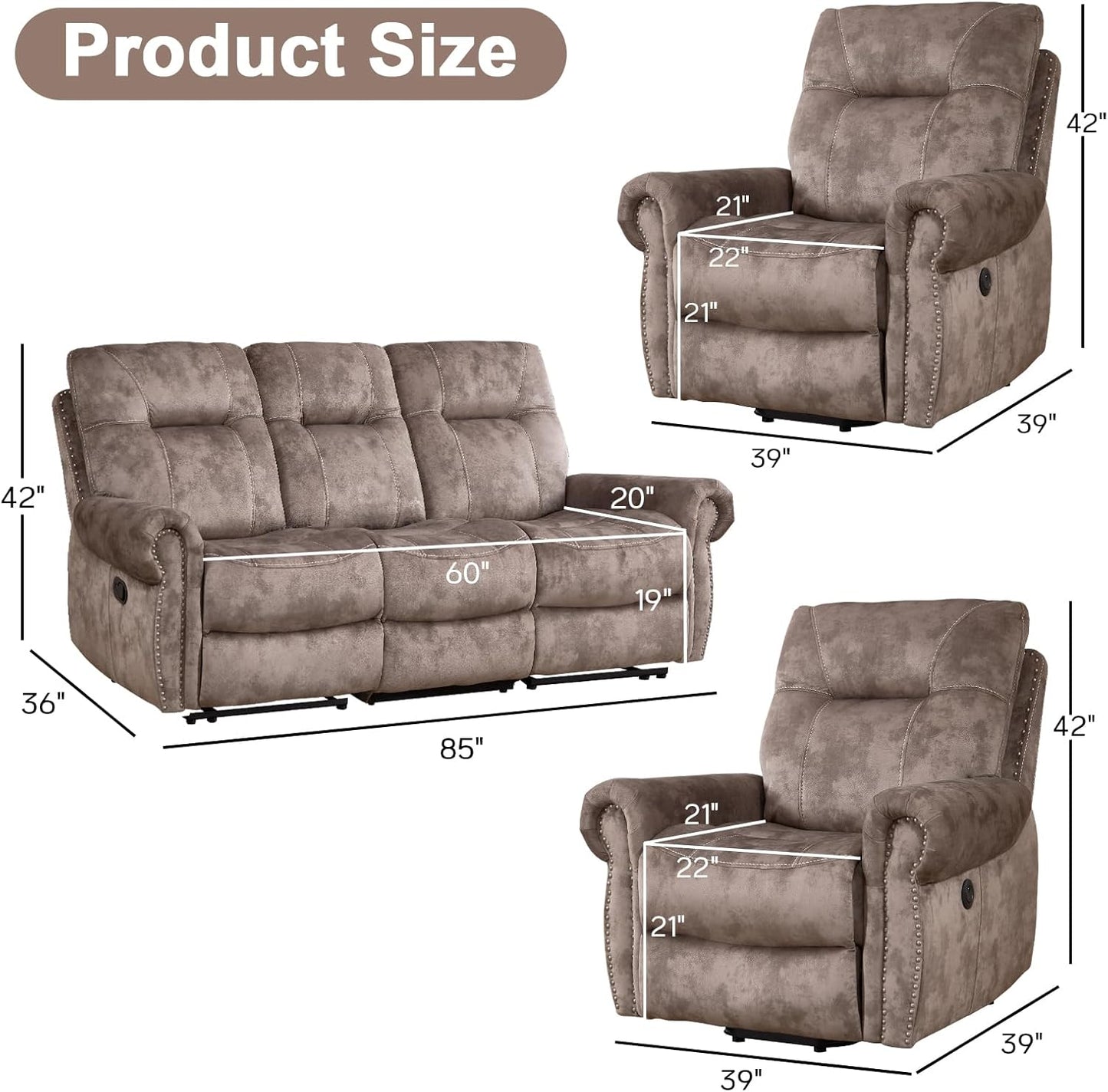 EBELLO 3 Pieces Reclining Couch Furniture Set for Living Room, Double 1 Seat Power Recliner Chair with Massage and Heat, a 3 Seater Manual Sofa, Vintage Rivet Mid-Century Design, Brown