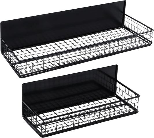 Magnetic Storage Basket, Magnetic Shelf for Fridge,Magnetic Spice Rack Wire Mesh Magnetic Organizer Holder Accessories for Office Kitchen Classroom Storage, Black-Short, Large x1&Small x1 Set of 2