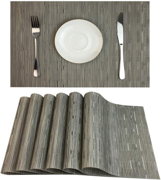 Red-A Placemats Set of 6 for Dining Table Heat-Resistant Washable Place Mats Woven Vinyl Kitchen Table Mats Easy to Clean,Silver Grey