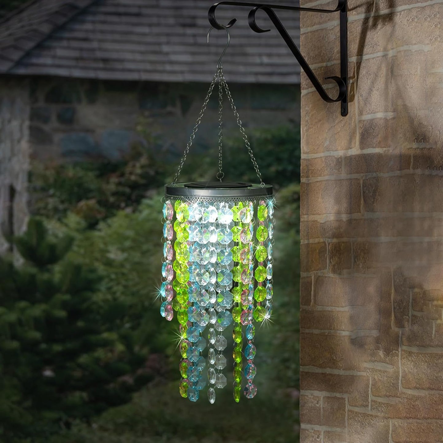 Hanging Solar Lantern Outdoor, 2 Tiers 21” Solar Multicolor Acrylic Beaded Chandelier with Cool White LED S Hooks for Garden Yard Patio Gazebo Outside Decor