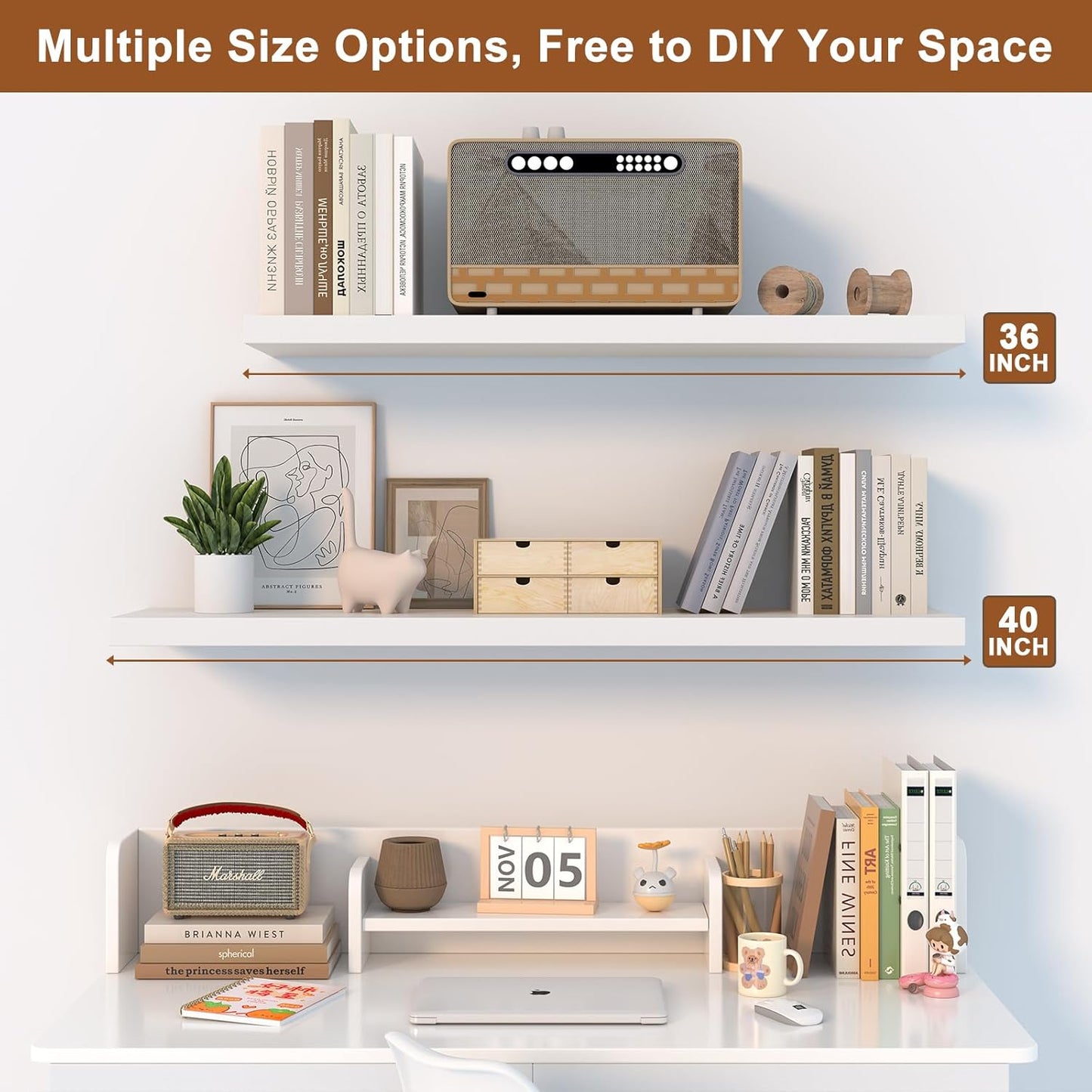 40 Inch Floating Shelf 3 Pack Large Floating Shelves for Wall No Drilling Accessories Included Deep Wall Shelves for Living Room Kitchen Farmhouse 40" W x 12" D x 1.2" White