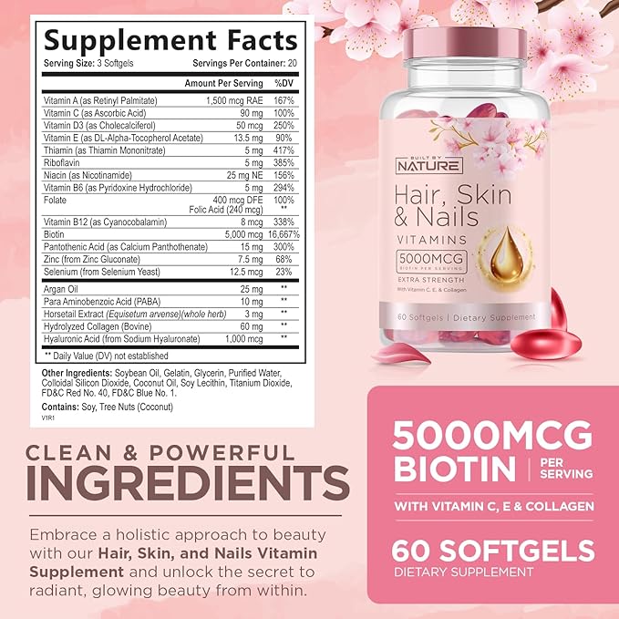 Hair Skin and Nails Vitamins – 5000mcg Biotin 60 Softgels