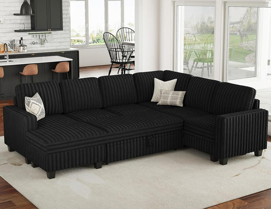 Belffin Corduroy Sleeper Sofa Bed with Storage Chaise Modular Sectional Sofa Couch with Pull Out Bed L Shaped Sectional Couches for Living Room Black Couch