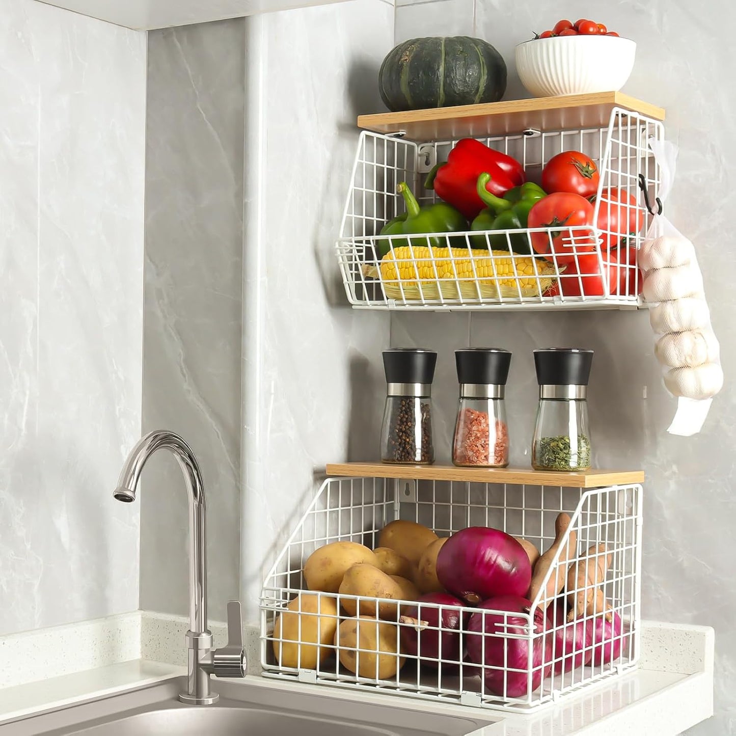 White Fruit Bowl, 2-Tier Fruit Basket for Kitchen Counter, Stackable Wall Mounted Veggie Storage, Snack Organizer, Potato and Onion Storage Basket, Hanging Pantry Organizer with Wood Lid, 2 Set