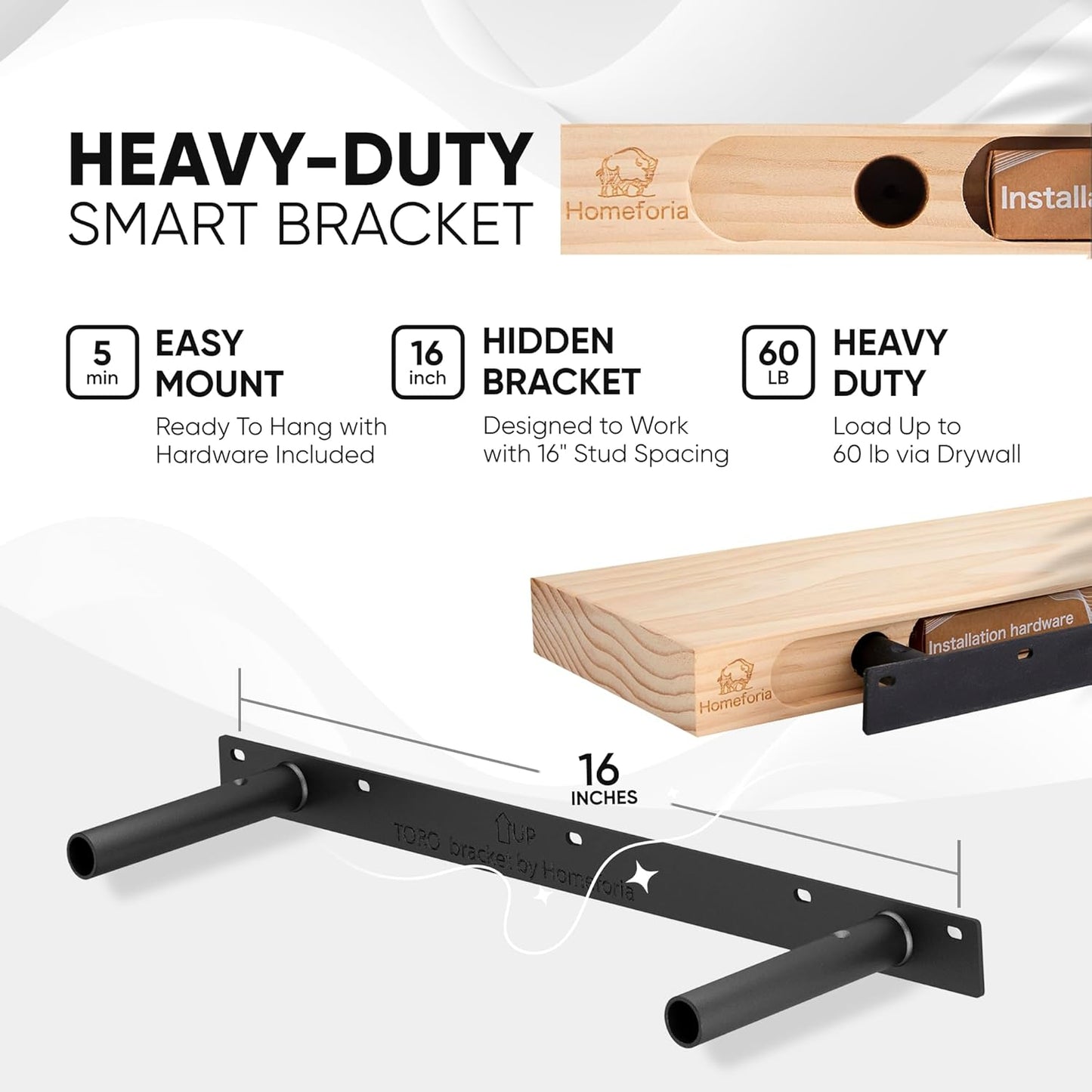 Homeforia Black Floating Shelves 24 inch, High End Solid Real Wood 24inch Bathroom Floating Shelf for Wall Mounted, Black Wooden 24in Floating Shelves, Heavy Duty Bracket, 24 X 6.5 X 1.75 in, Set of 2