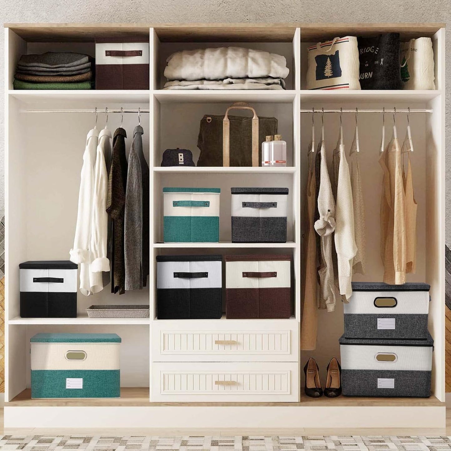 Large Linen Fabric Foldable Storage Bins with Removable Lid and Handles, Washable Storage Box Organizer Containers Baskets Cube with Cover for Bedroom,Office (Turquoise&Cream, Medium(2-Pack))