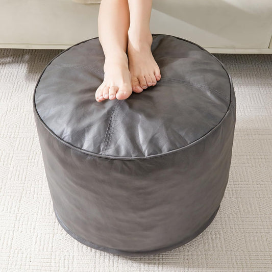 HIGOGOGO Round Stuffed Pouf Ottoman, Pu Leather Poufs with Foam Chunk Filling, Furry and Fluffy Pouf Foot Stool Storage Ottoman, 20 X 15 Floor Poufs Foot Rest for Living Room, Grey