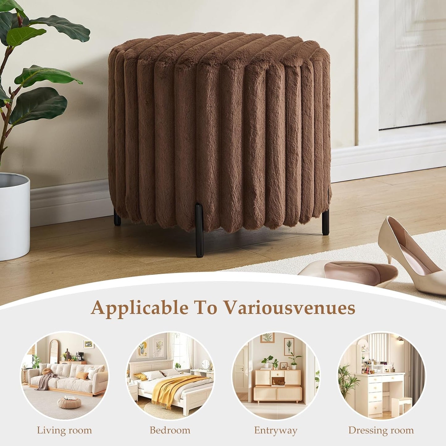 Furniliving Modern Round Ottoman, Large Size Bedroom Ottoman Footstool Round Ottomans Stool for Living Room, Bedroom, Makeup Room, Brown, Faux Fur