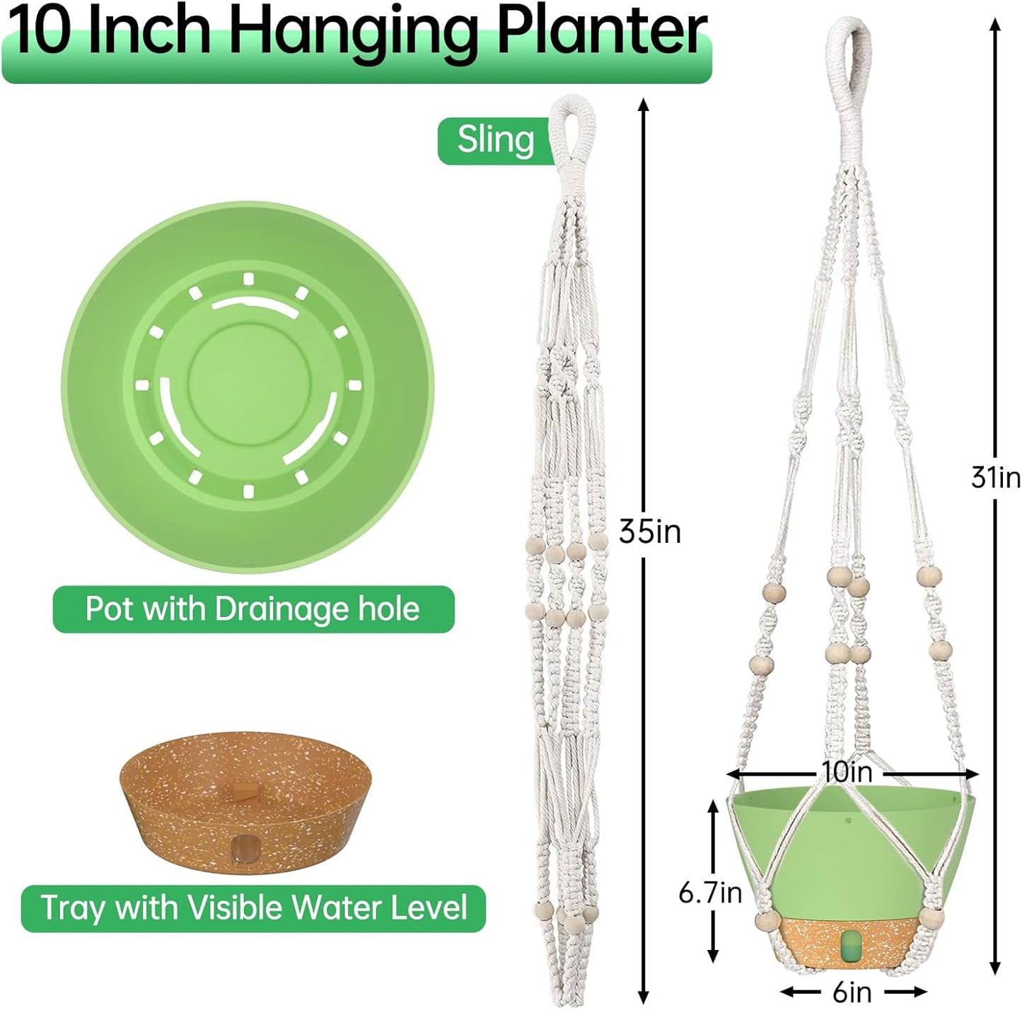 ZMTECH 2 Pack 10 Inch Hanging Planters with Macrame Plant Hanger for Indoor and Outdoor Plants, Self Watering, Drainage Hole, Visible Level Tray, Green