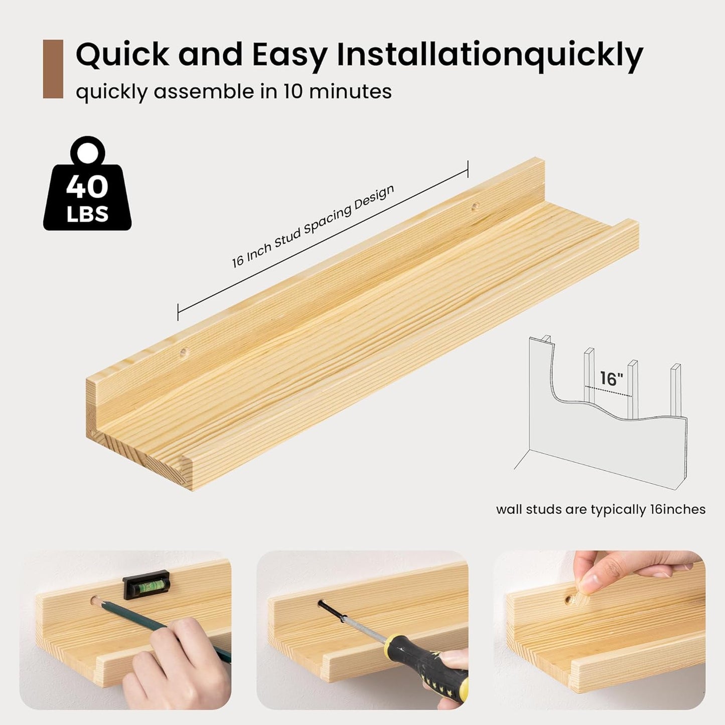 Picture Ledge Shelf, Solid Pine Wood Floating Shelves Set of 4, 16 Inches Nursery Book Shelves for Toys Storage, Kids Bookshelf Wall Mounted for Living Room Decor Photo Frames, Unfinished Natural