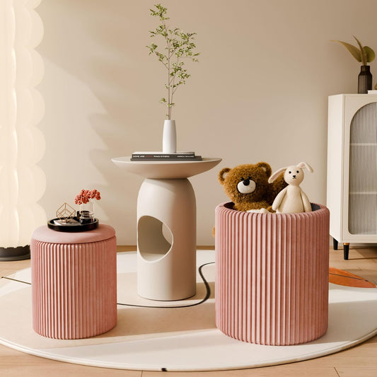 Ottoman with Storage Set of 2, Velvet Storage Ottoman, Upholstered Sponge Vanity Stool Support 300lbs, Multifunctional Coffee Table Foot Rest Ottomans for Living Room Bedroom, Pink