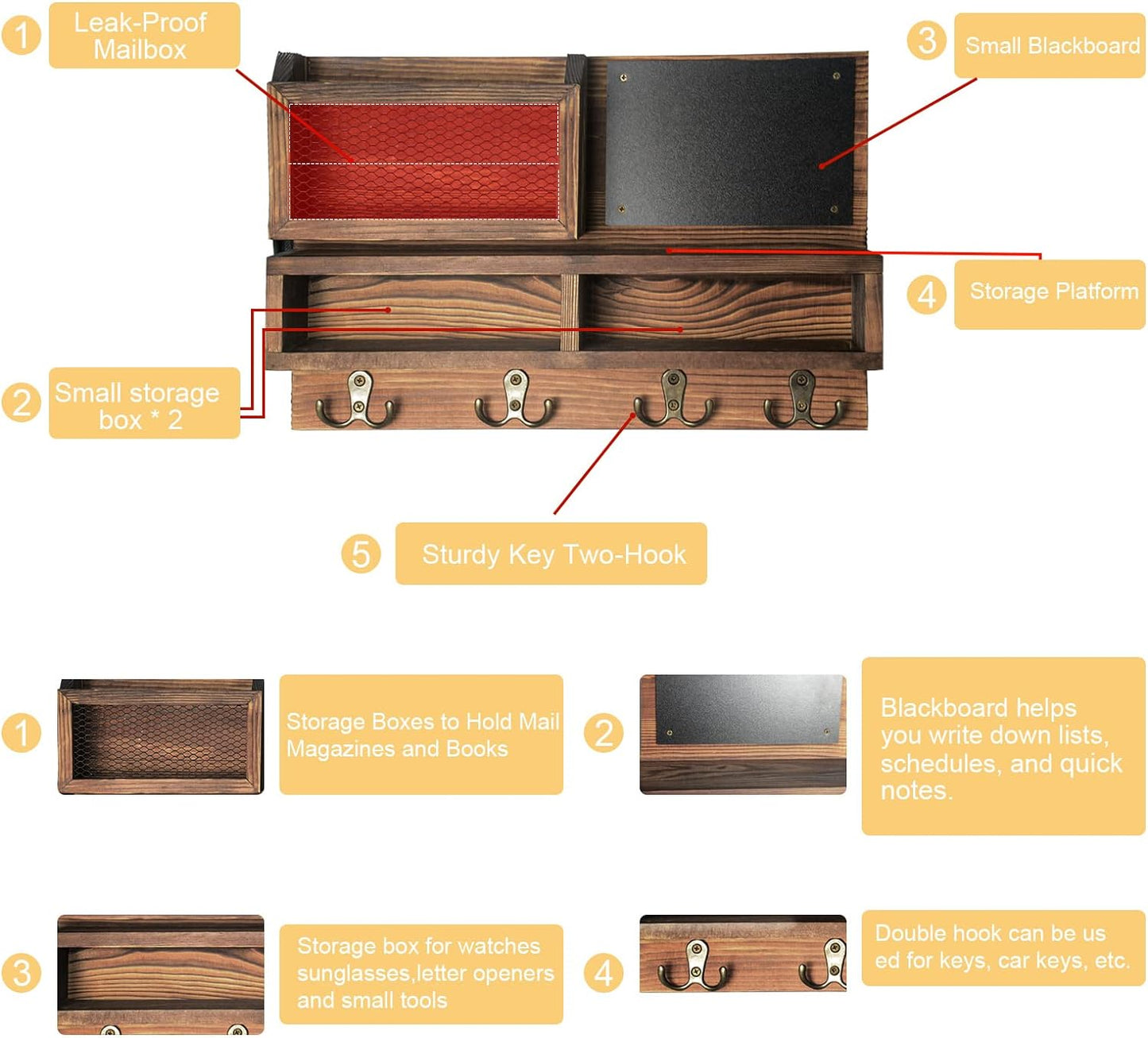 Key Holder for Wall, Mail Organizer Wall Mount with Key Hooks and Wallet Holder, Sunglasses Storage and Dog Leash Hanger, Decorative with 4 Double Hooks and Chalkboard