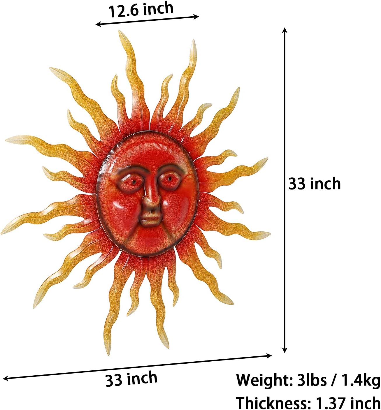 TICKCACY 33" Metal Sun Wall Art Decor, Large Sun Face Wall Art Decoration for Indoor Outdoor, Metal Wall Hanging for Living Room Bedroom Farmhouse Yard Fence Patio Garden