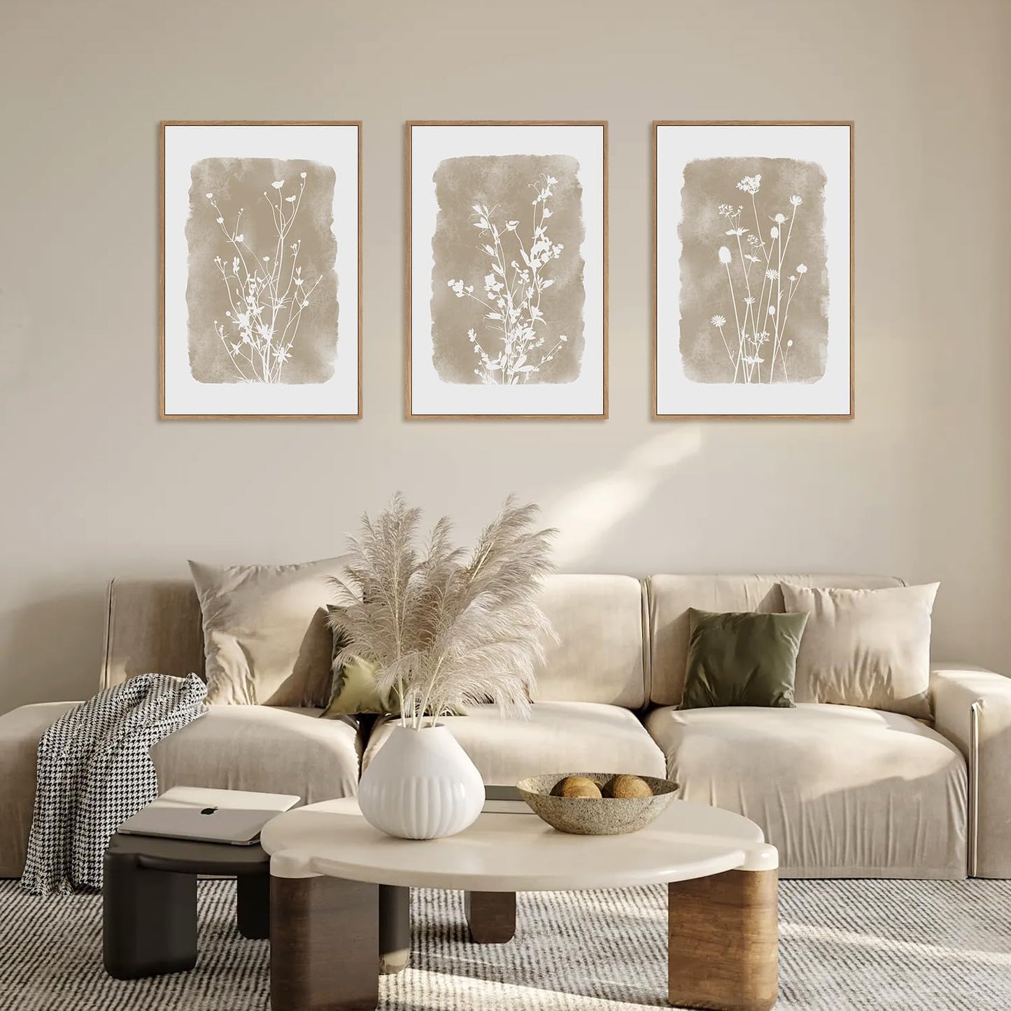 HPINUB Large Boho Wildflowers Canvas Framed Wall Art Set,Minimalist Vintage Flower Wall Decor,Beige Floral Botanical Artwork for Living Room Bedroom,Dining Room,Office -24"x36"x3