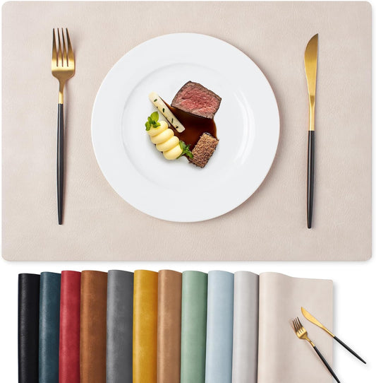 MOSAYT Vinyl Placemats Set of 8-12 X 17 Inch - Faux Leather 100% Waterproof Oil-Proof Wipeable PU Place Mats, Heat Resistant Reversible Table Mats for Kitchen, Dining, Outdoor (Beige)