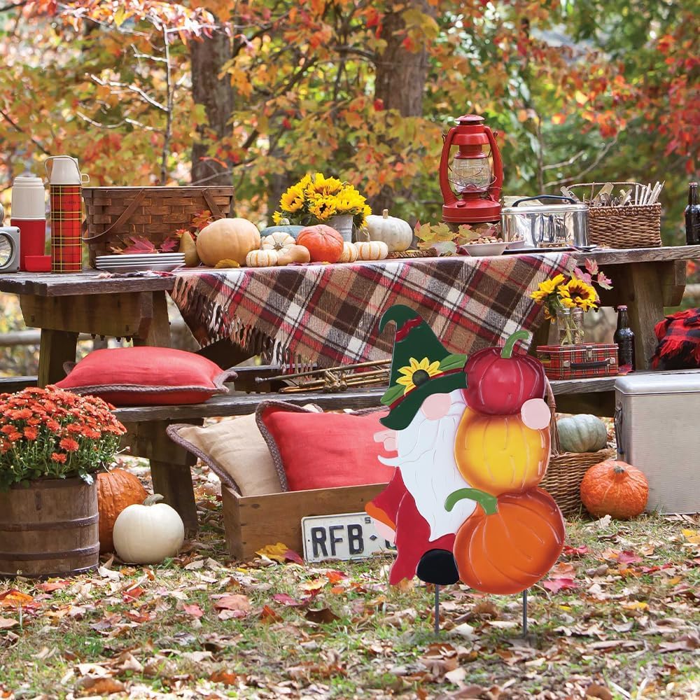 YEAHOME Fall Decorations Outdoor, Metal Gnome with Pumpkin Decorative Garden Stakes for Fall Decor, Autumn Yard Signs for Home Outside Garden Lawn Porch, Thanksgiving Decorations Outdoor (YHMD-476)