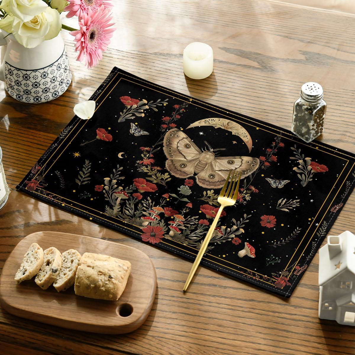 Artoid Mode Black Poppy Moth Moon Placemats Set of 4, 12x18 Inch Floral Spring Table Mats for Outdoor Home Party Kitchen Dining Decor