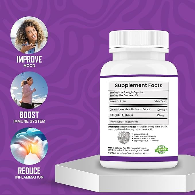 360 Nature's Impact Lions Mane Mushroom Supplement Capsules (150 Capsules) for Brain Health Support Supplement, Organic Supplement with Beta-Glucans & Hypromellose for Cognitive System