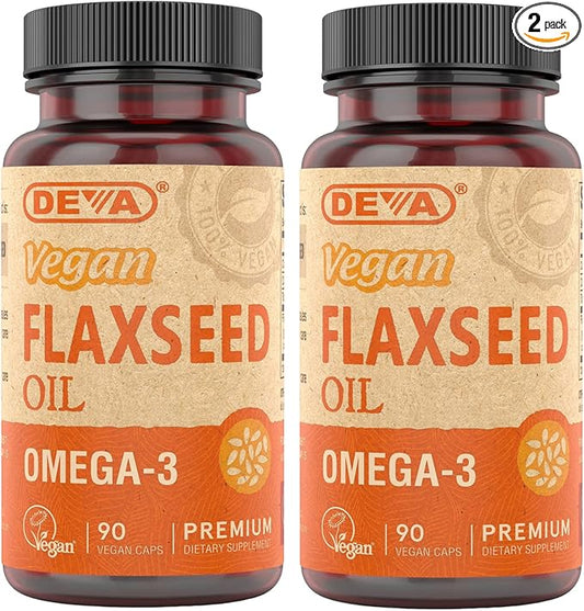 DEVA Organic Vegan Vitamins Flax Seed Oil Omega-3, Cold-Pressed 90 Capsules, 2-Pack