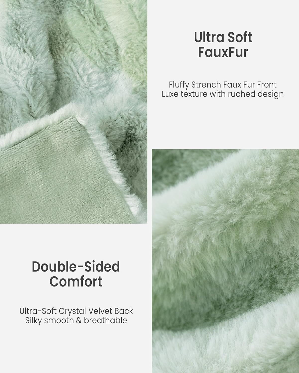 Faux Fur Blanket, Twin Size Oversized Throw Blanket for Couch, Fluffy Blanket with Stretch Ruched Design, Ultra Soft Giftable Home Decor, 60x80 inches, Tie-Dyed in Sage Green