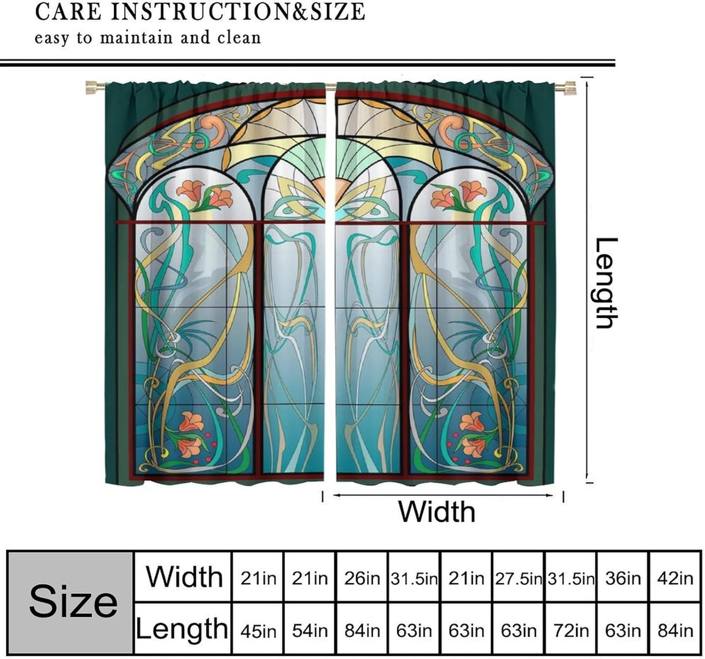 Stained Glass Curtains, Retro Mid Century Boho Abstract Art Home Decor Drapes for Bedroom Living Room Kitchen Window Treatment 2 Panels Set Total Size 63" W X 72" L Inch