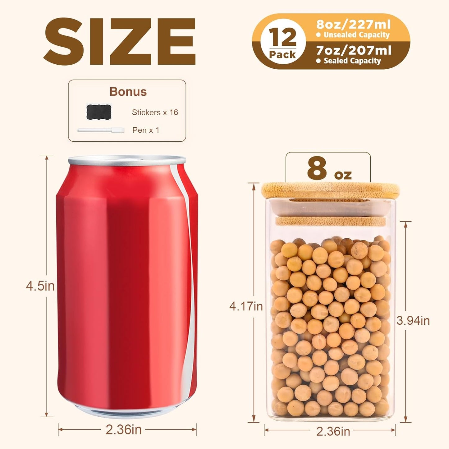 Glass Food Storage Jars Square 8oz, 12 Pack Glass Jars With Bamboo Lids, Kitchen Storage Containers For Spice, Candy, Cookie, Storage For Pantry Organizers