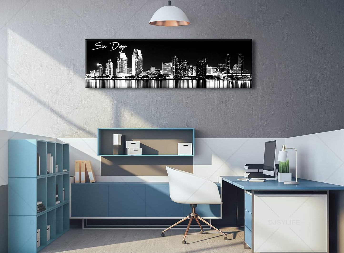 DJSYLIFE San Diego Skyline Wall Art Black and White Night View USA Cityscape California Pictures Artwork Painting Poster for Bedroom Office Decoration Stretch Framed Ready to Hang 13.8"x47.3"