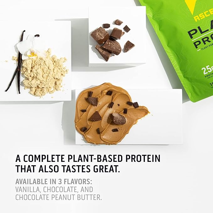Ascent Plant Based Protein Powder - Non Dairy Vegan Protein, Zero Artificial Ingredients, Soy & Gluten Free, No Added Sugar, 4g BCAA, 2g Leucine - Vanilla, 20 Servings